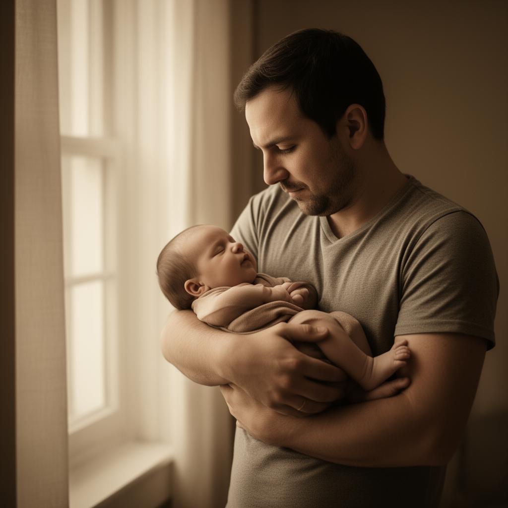 Genitore tiene in braccio il neonato accanto alla finestra